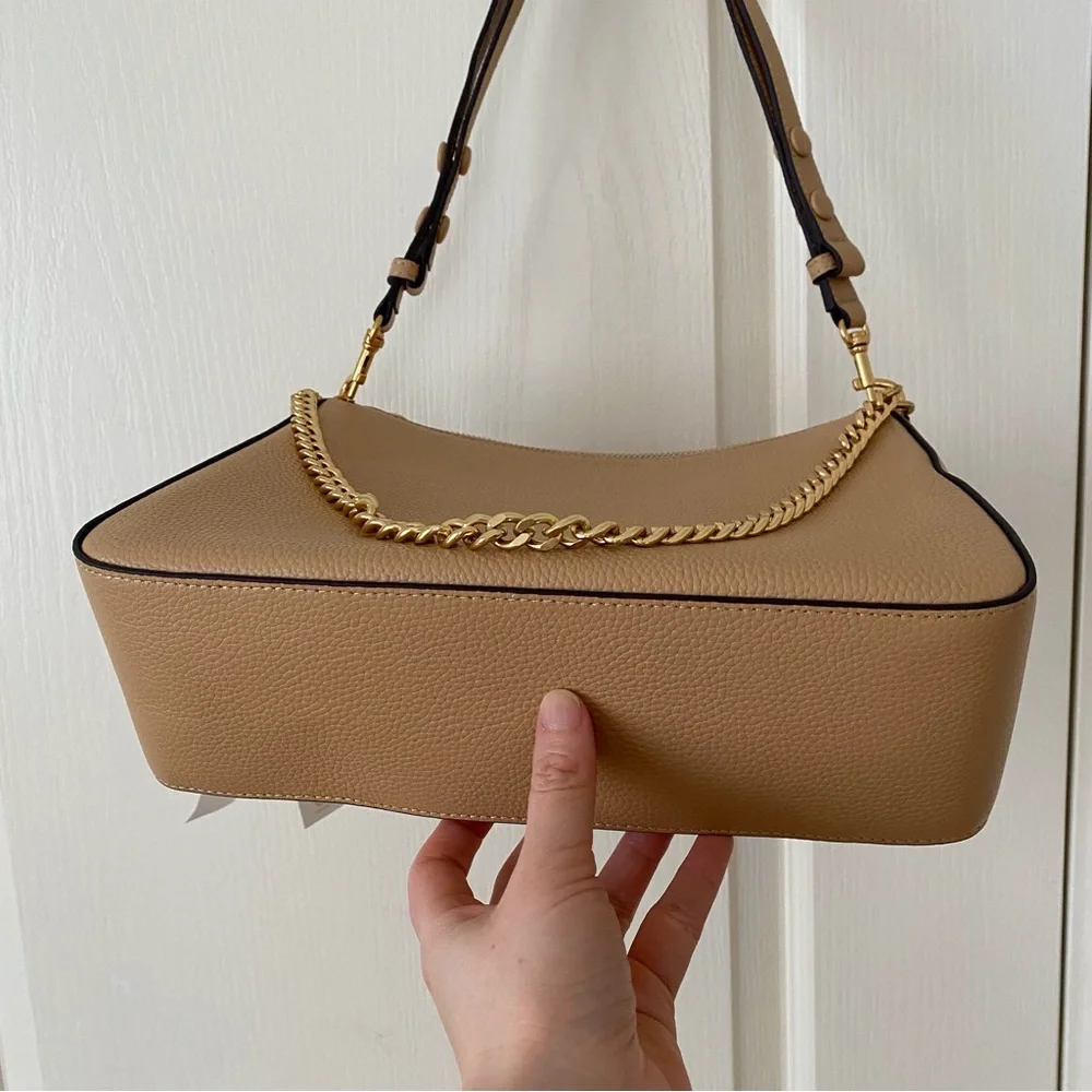 $400 NWT Tory Burch Perry Brown Tan Pebble Leather Gold Chain Strap Shoulder Bag